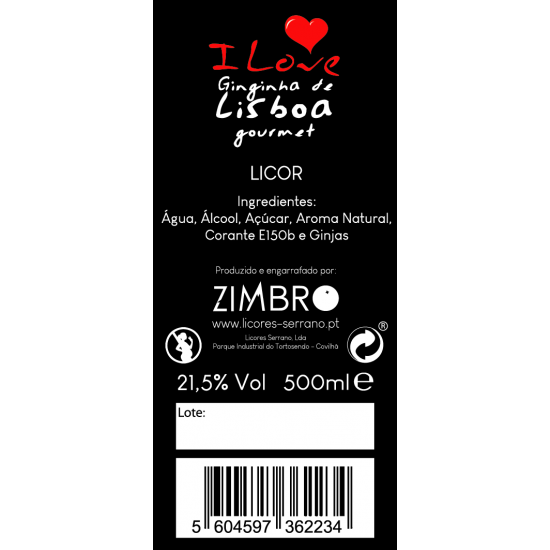I Love Ginjinha de Lisboa - Conjunto garrafa de 500ml c/ 12 copos de chocolate